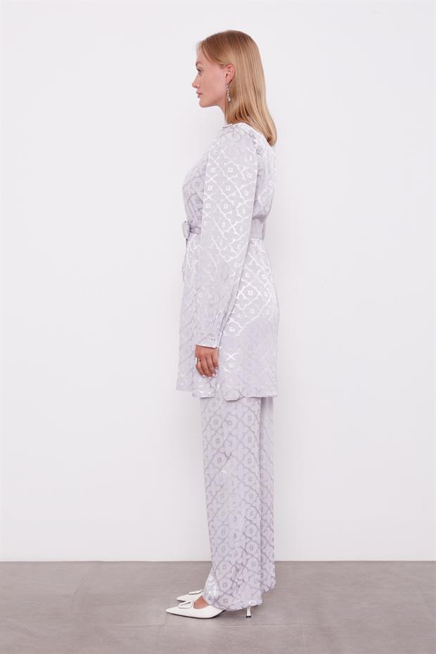 Gri Yonca Desenli Jakar İkili Takım