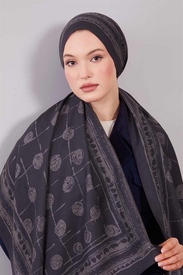 Gri Yuvarlak Desenli Yün İpek Şal