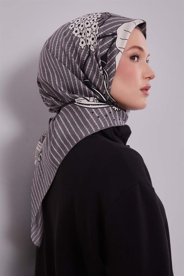 Gri Zambak Çiçek Desen Twill İpek Eşarp