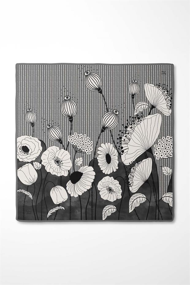 Gri Zambak Çiçek Desen Twill İpek Eşarp