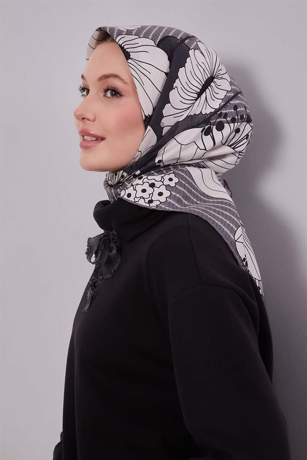 Gri Zambak Çiçek Desen Twill İpek Eşarp