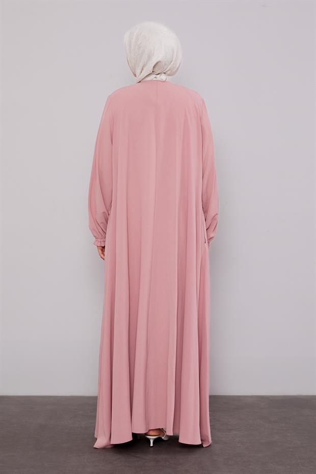 Gül Fermuarlı Kol Ucu Lastik Büzgülü Ferace