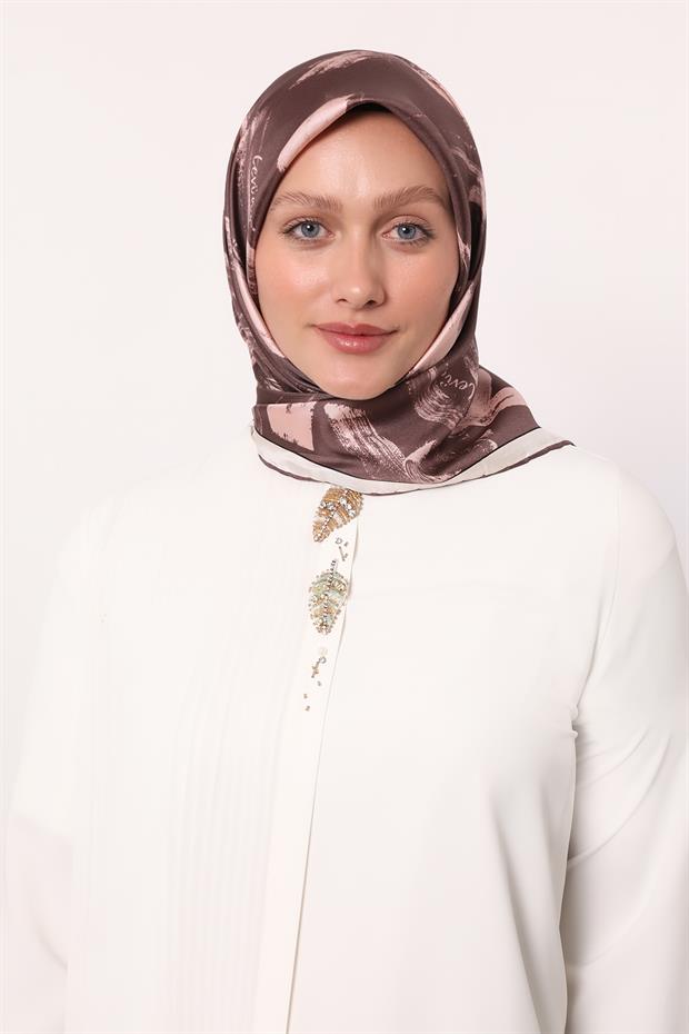 Gül Fırça İzi Desen Twill İpek Eşarp