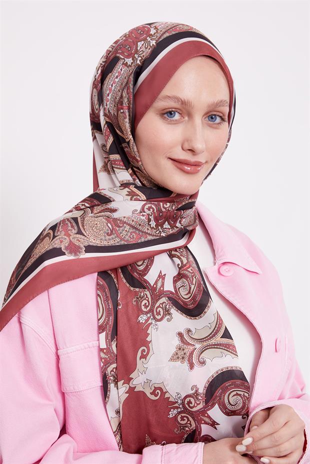 Gül Kurusu Bohem Desenli Hint İpeği Şal