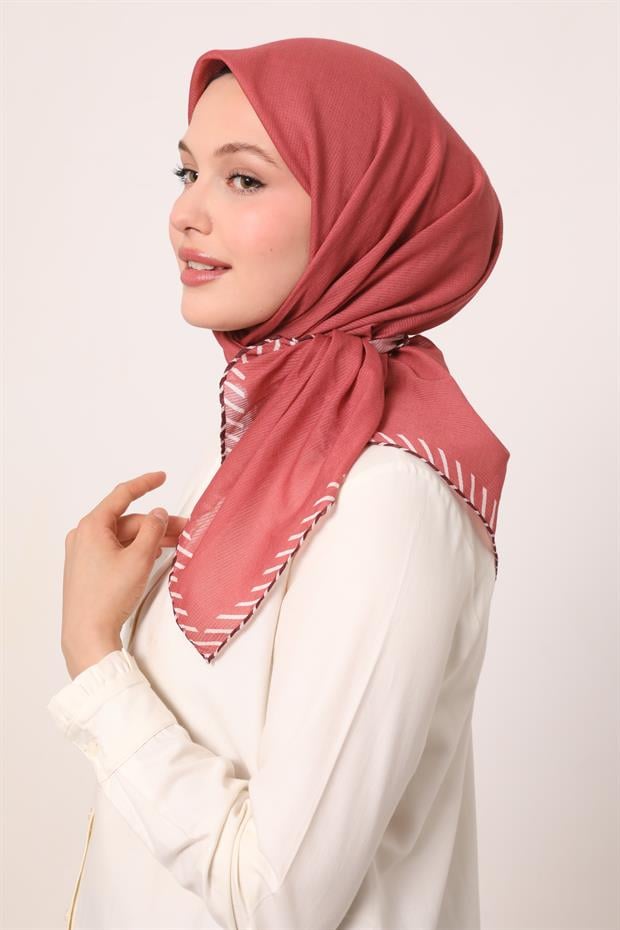Gül Kurusu Çizgili Pamuk Eşarp