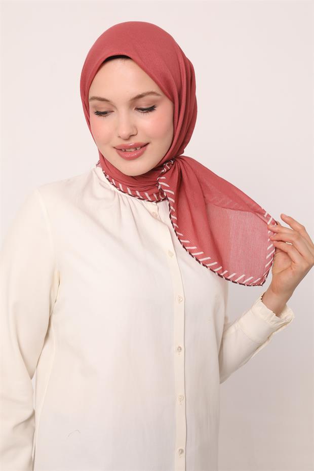 Gül Kurusu Çizgili Pamuk Eşarp