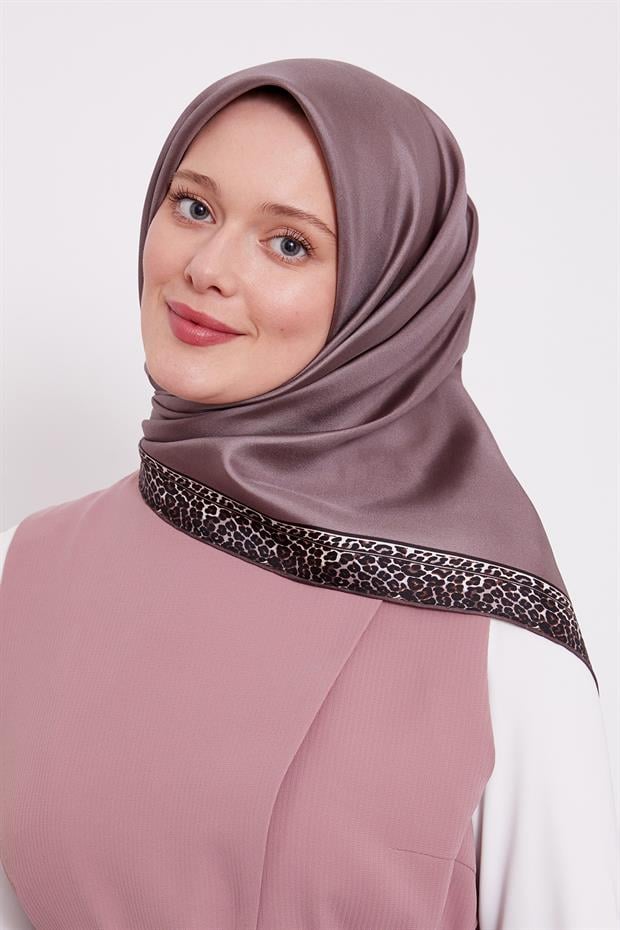 Gül Kurusu Şerit Leopar Desen Twill İpek Eşarp