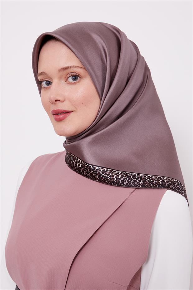 Gül Kurusu Şerit Leopar Desen Twill İpek Eşarp