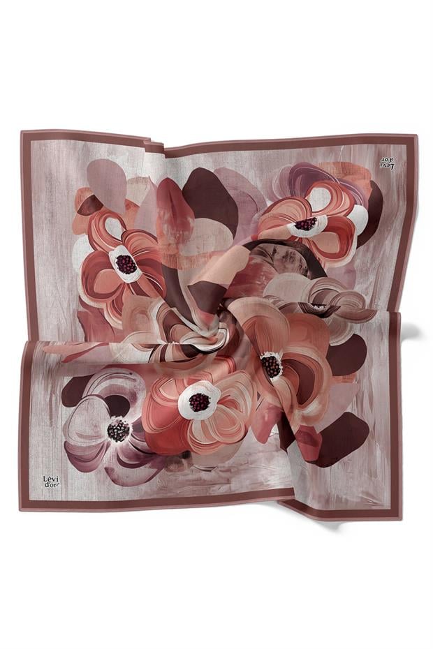 Gül Menekşe Desen Twill İpek Eşarp