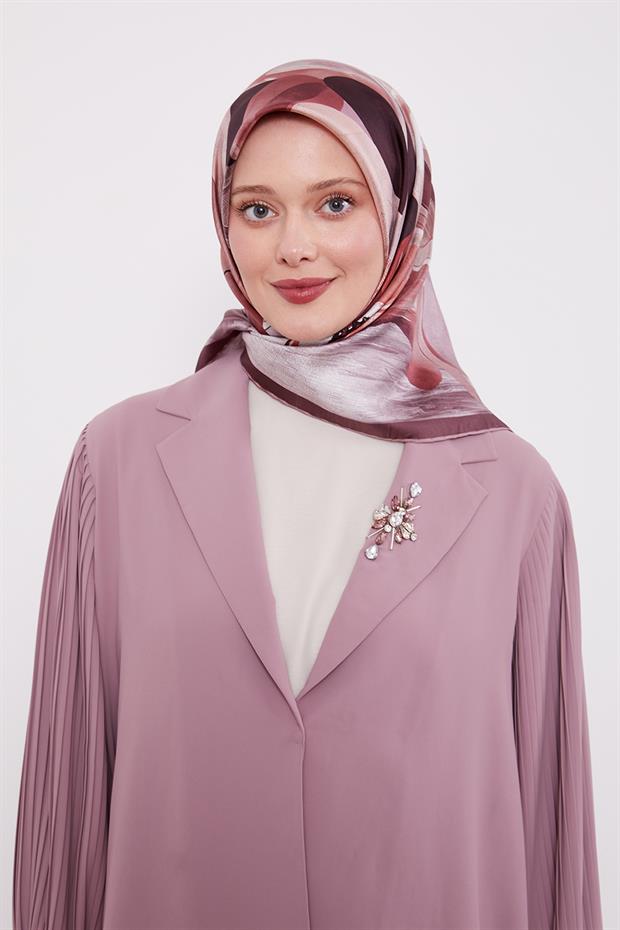 Gül Menekşe Desen Twill İpek Eşarp