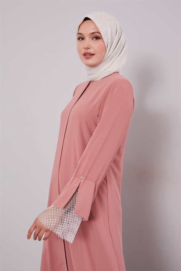 Gül File Detay Fermuarlı Ferace