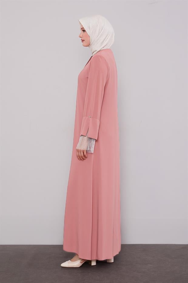 Gül File Detay Fermuarlı Ferace