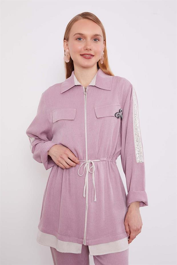 Gül Taşlı Şerit Detaylı İkili Takım