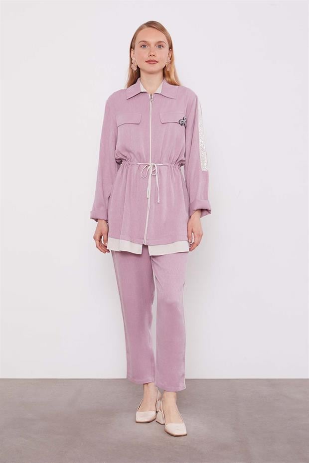 Gül Taşlı Şerit Detaylı İkili Takım