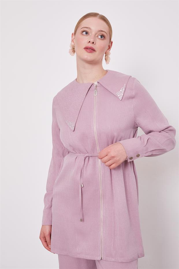 Gül Yakası Taşlı Cupra İkili Takım