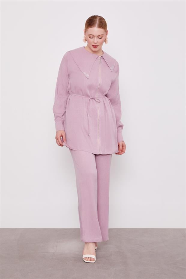 Gül Yakası Taşlı Cupra İkili Takım