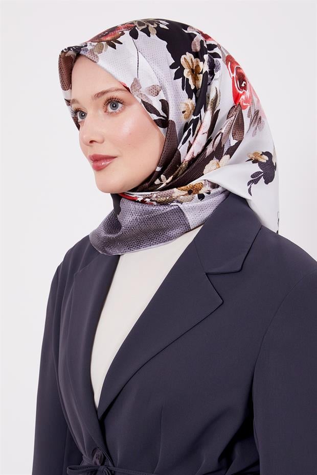 Gümüş Çiçek Desen Twill İpek Eşarp
