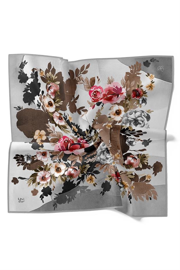 Gümüş Çiçek Desen Twill İpek Eşarp