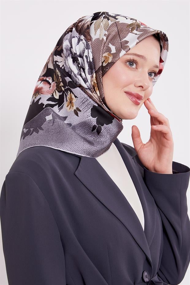 Gümüş Çiçek Desen Twill İpek Eşarp