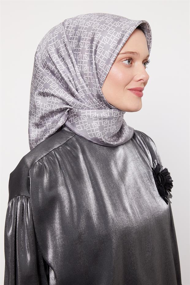 Gümüş Çizgili Sarmal Desen Twill İpek Eşarp