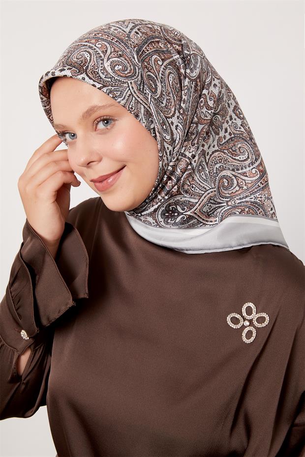 Gümüş Etnik Desen Twill İpek Eşarp