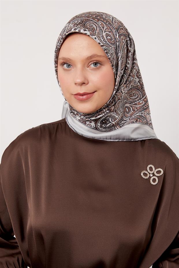 Gümüş Etnik Desen Twill İpek Eşarp