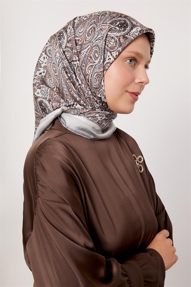 Gümüş Etnik Desen Twill İpek Eşarp