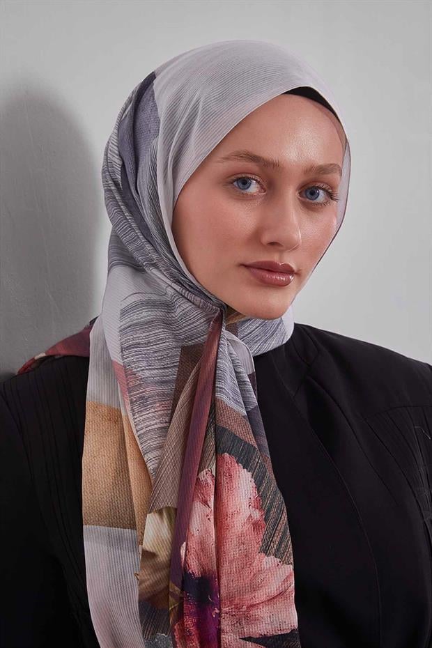 Gümüş Karışık Çiçek Desen Pamuk Şal