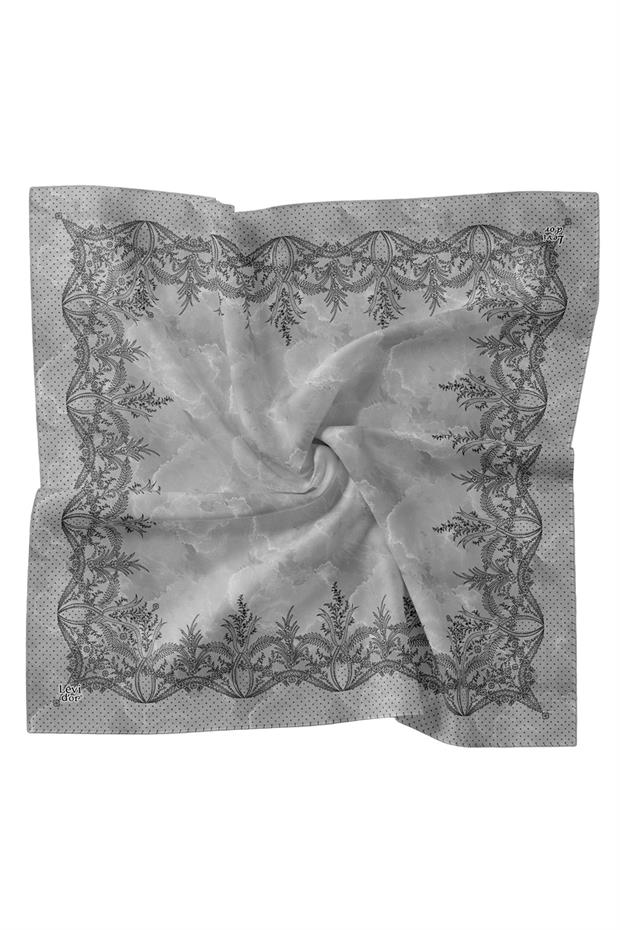 Gümüş Kenar Benekli Twill İpek Eşarp