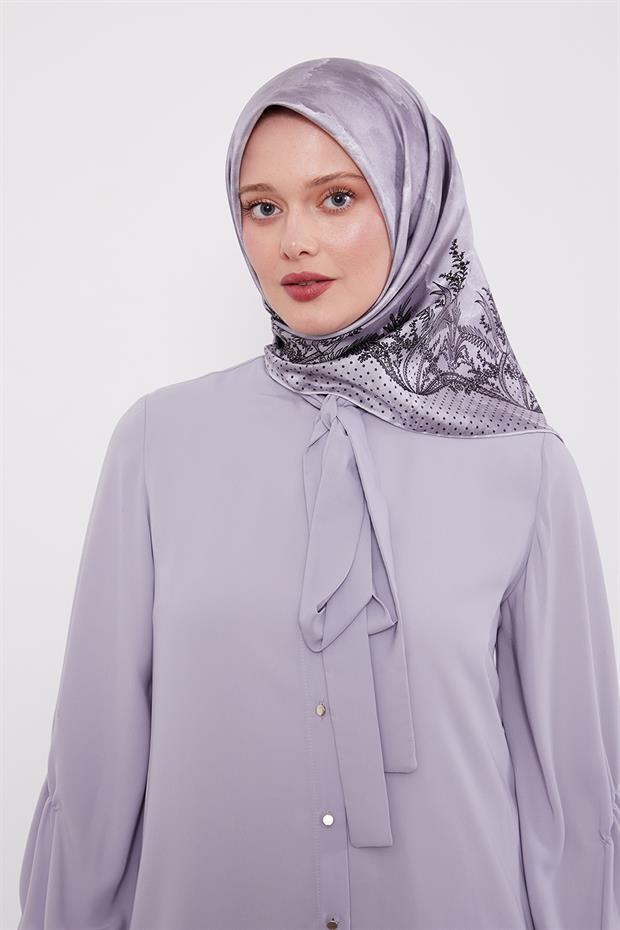 Gümüş Kenar Benekli Twill İpek Eşarp
