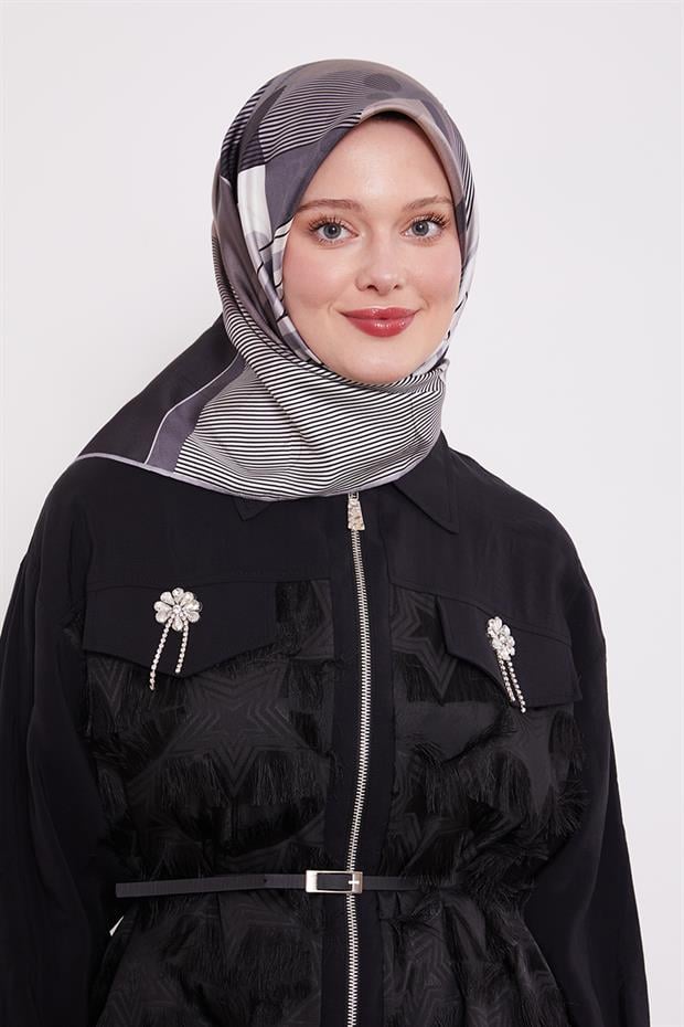 Gümüş Labirent Desen Twill İpek Eşarp