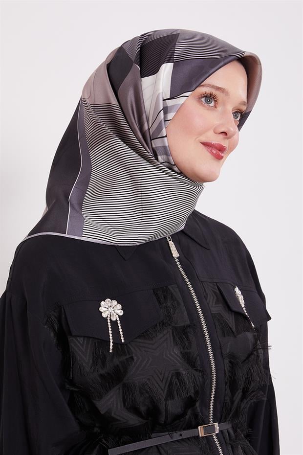 Gümüş Labirent Desen Twill İpek Eşarp