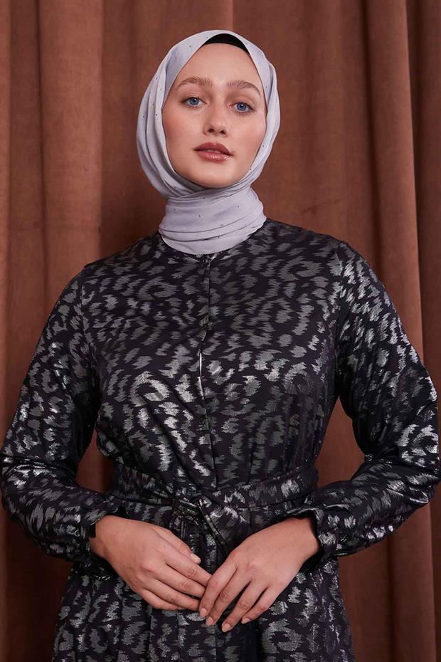 Gümüş Organze Kumaş Kuşak Bağlamalı Ferace