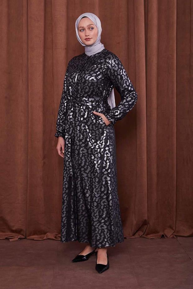 Gümüş Organze Kumaş Kuşak Bağlamalı Ferace