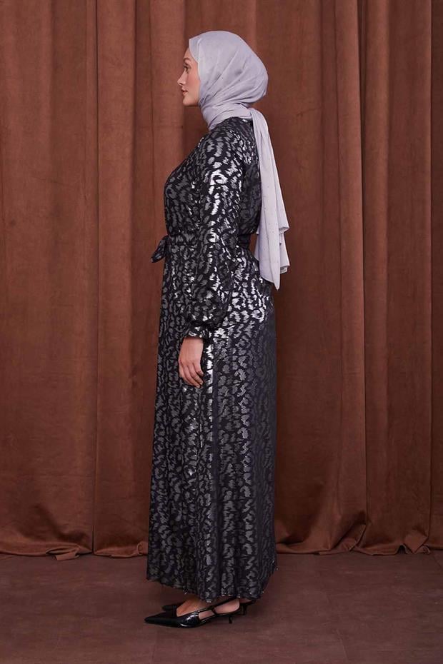 Gümüş Organze Kumaş Kuşak Bağlamalı Ferace