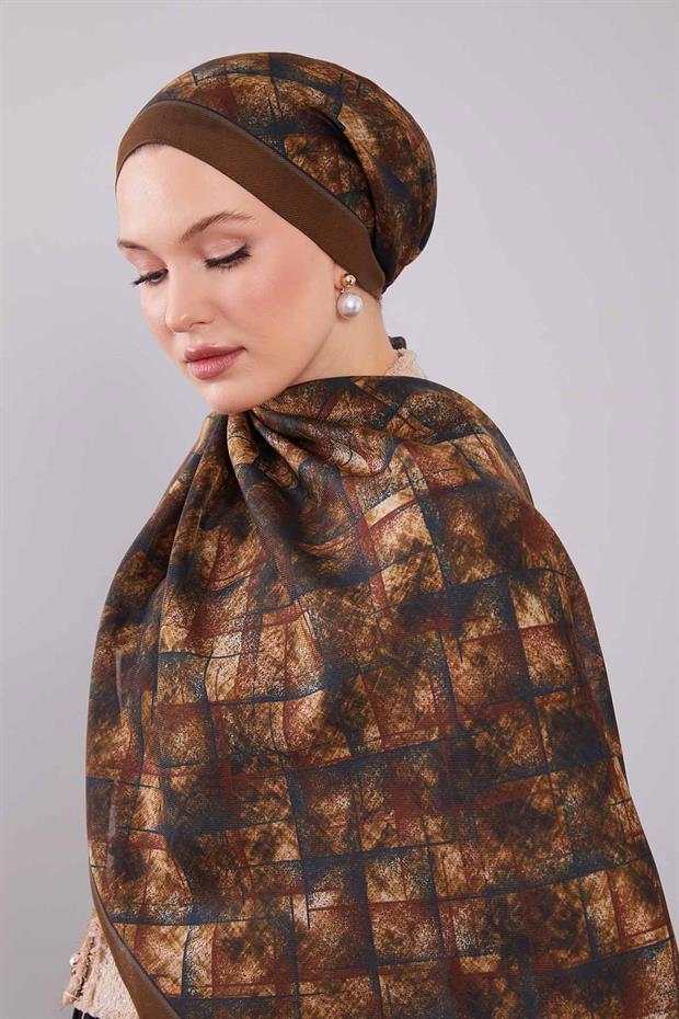 Haki Baklava Desen Yün İpek Şal