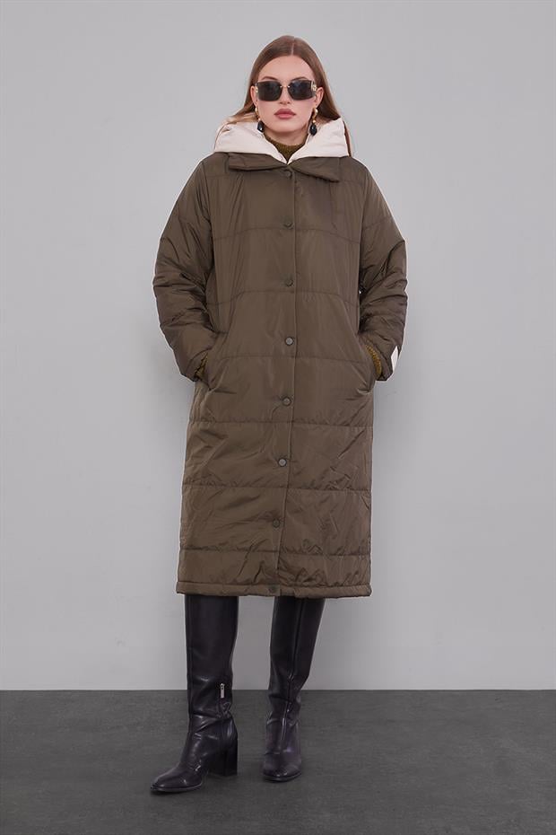 Haki-Bej Çift Renk Şişme Mont