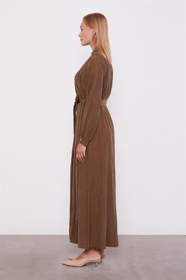 Haki Bel Bağlamalı Pile Detaylı Cupra Elbise