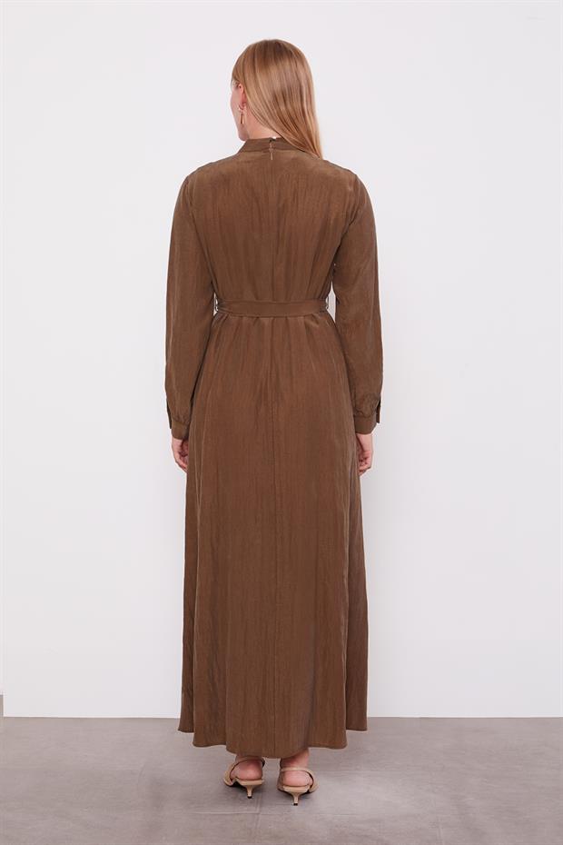 Haki Bel Bağlamalı Pile Detaylı Cupra Elbise