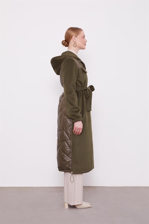 Haki Belden Bağlamalı Kaipşonlu Kaşe Kaban