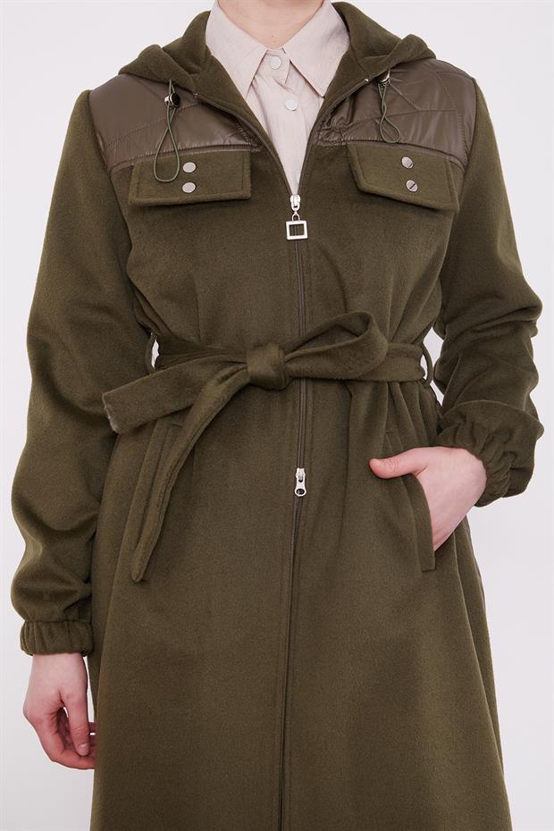 Haki Belden Bağlamalı Kaipşonlu Kaşe Kaban