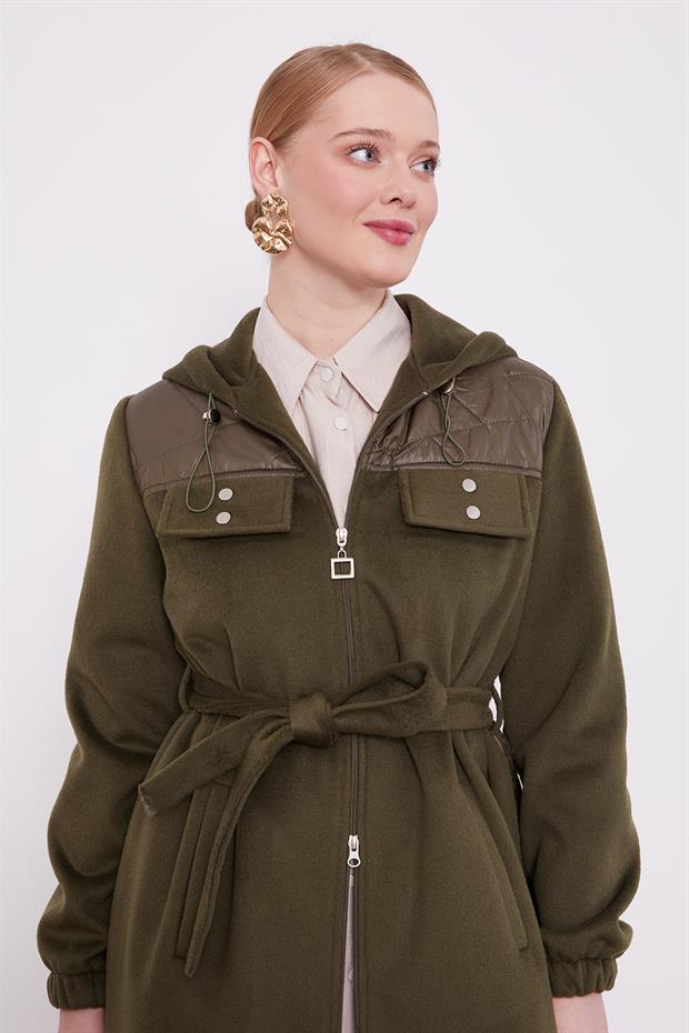 Haki Belden Bağlamalı Kaipşonlu Kaşe Kaban