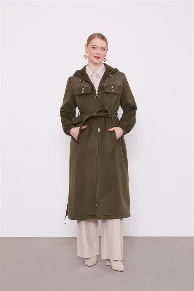 Haki Belden Bağlamalı Kaipşonlu Kaşe Kaban