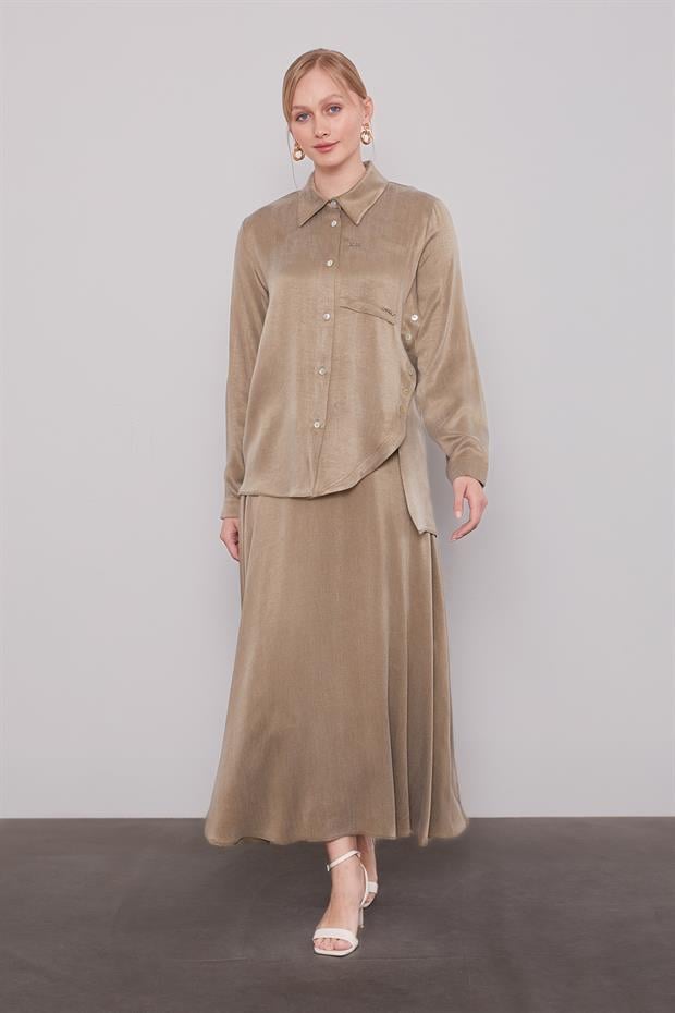 Haki Çapraz Düğme Detay Cupra Etek Takım