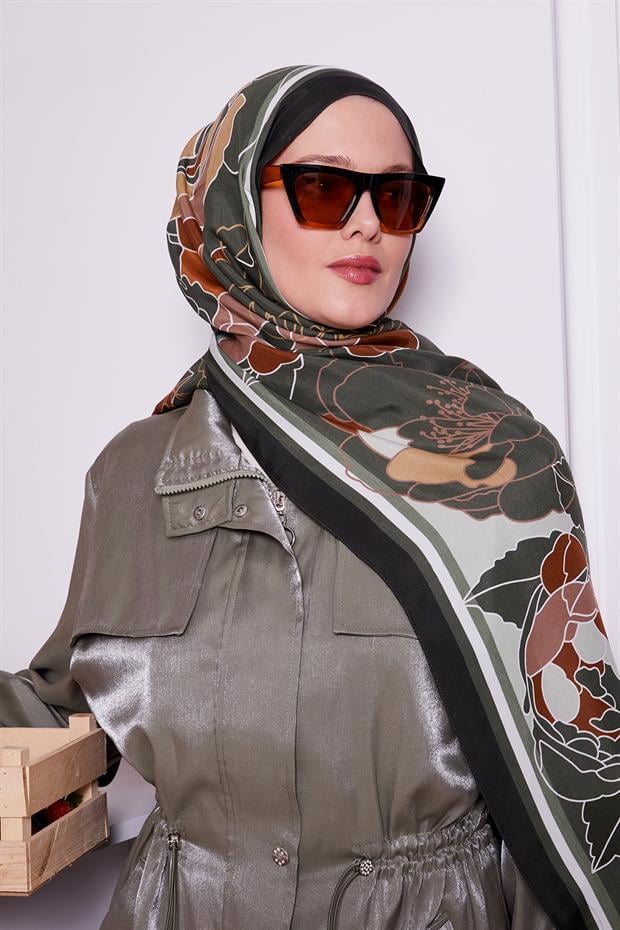 Haki Çiçek Desen Royal Şal