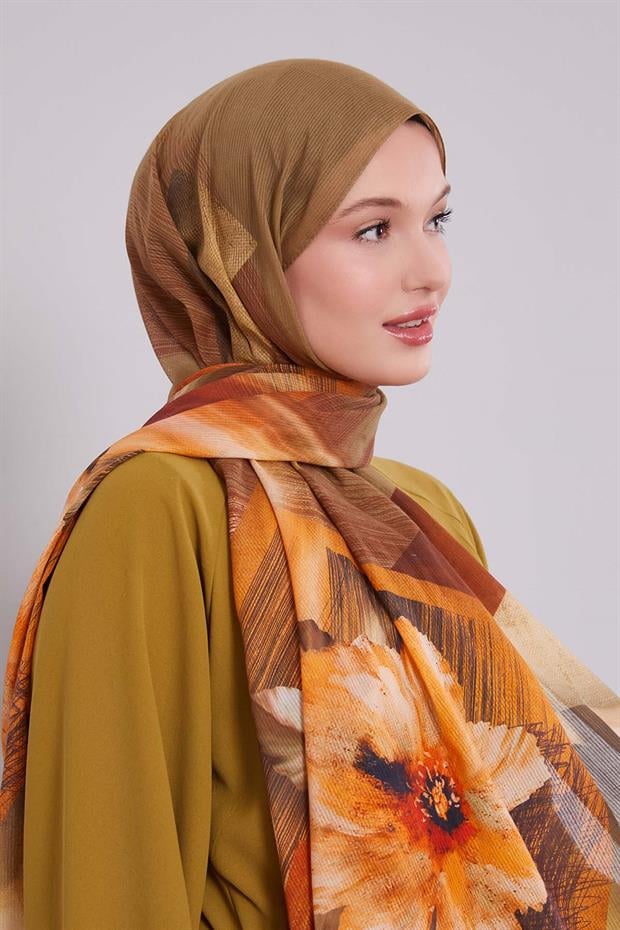 Haki Çiçekli Çizgili  Pamuk Şal