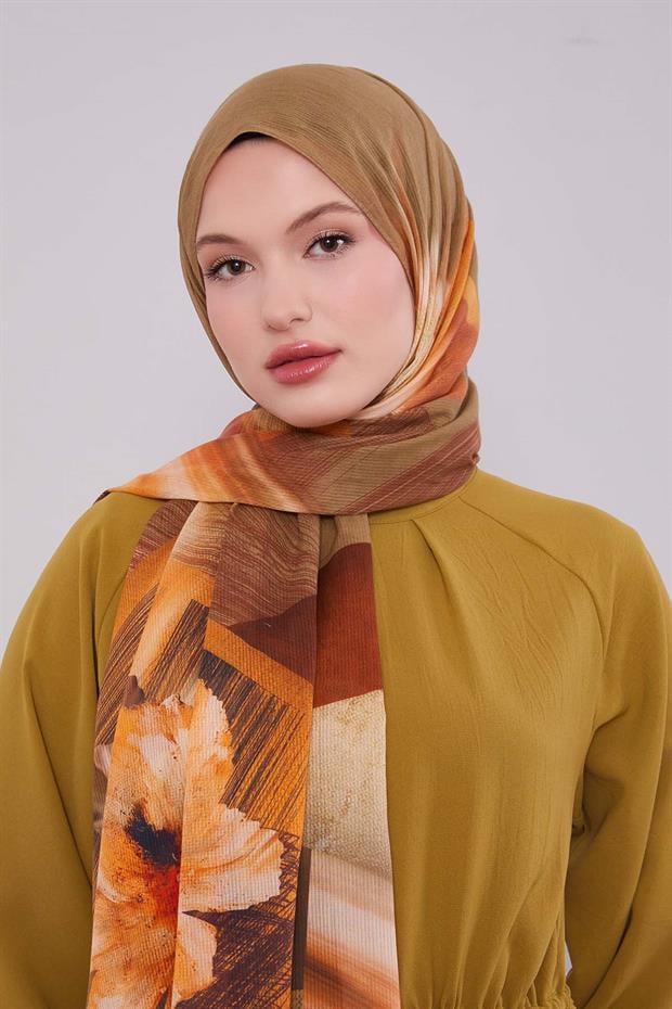 Haki Çiçekli Çizgili  Pamuk Şal