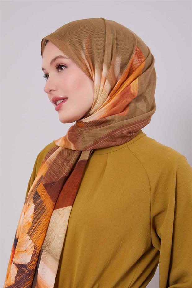Haki Çiçekli Çizgili  Pamuk Şal