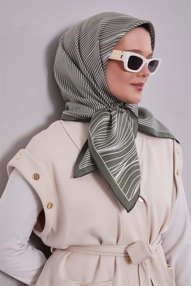 Haki Çizgili Model Twill İpek Eşarp