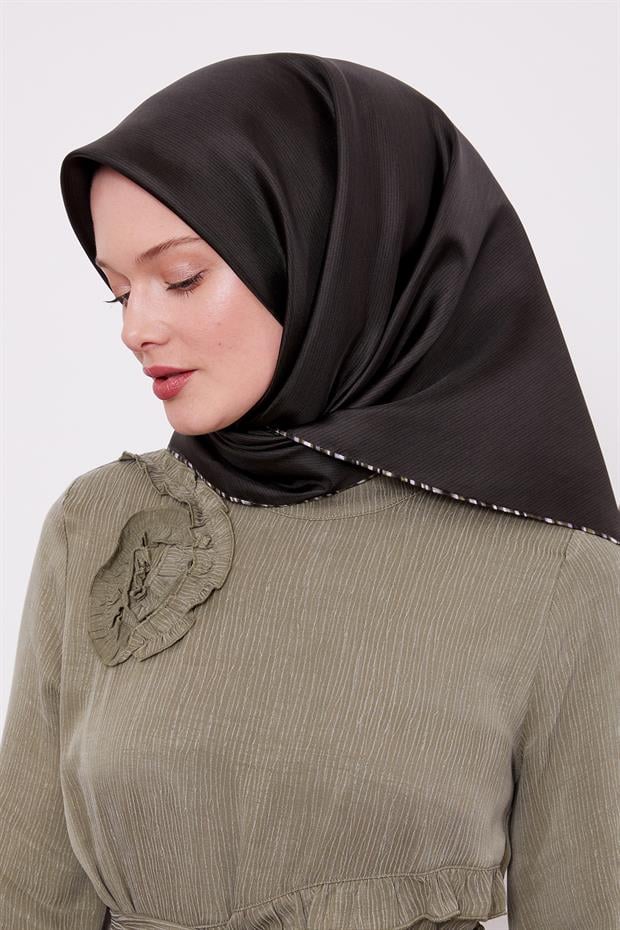 Haki Çizgili Twill İpek Eşarp